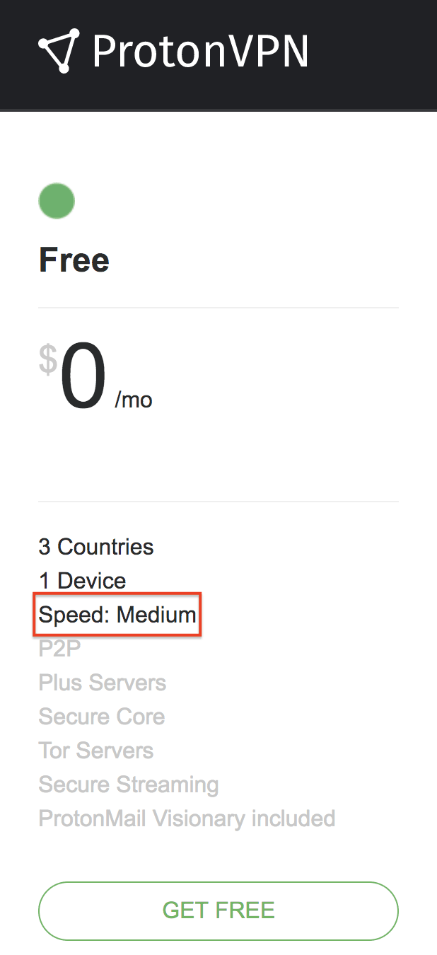 ProtonVPN interface labeling free-tier speed as Medium